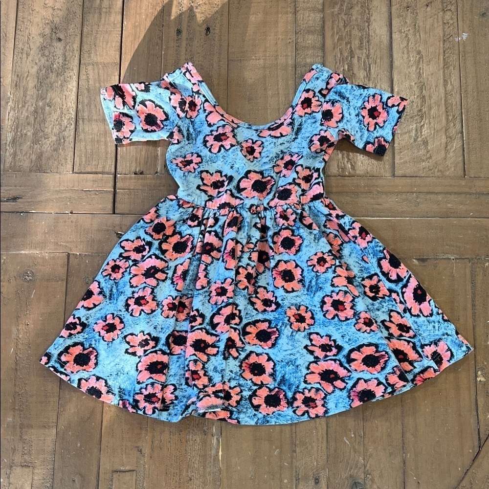 Alice + Ames blue coral flower short sleeve twirl dress girls 2 made in USA